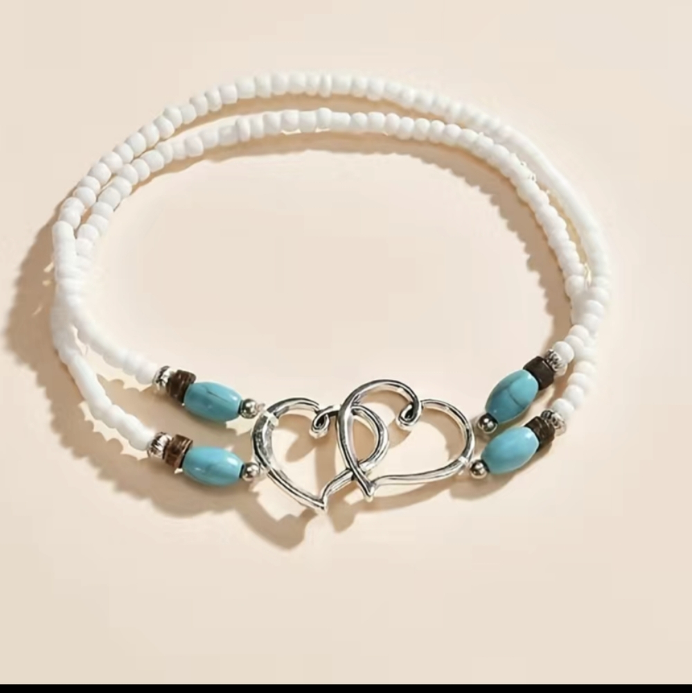 Ankle Bracelet Double Hearts Silver Tiny Beads White With Turquoise Blue NWT